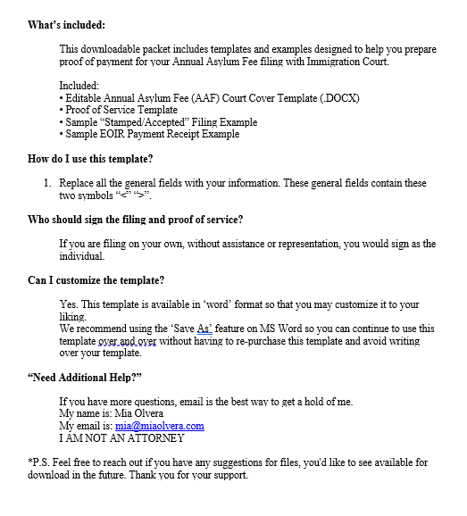 Annual Asylum Fee (AAF) Court Cover Template – EOIR Filing Packet