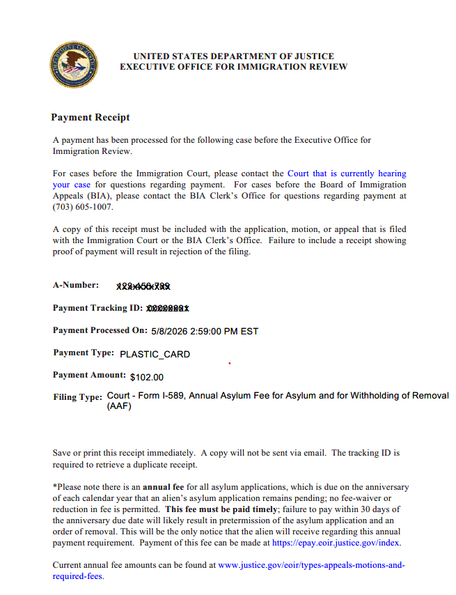 Annual Asylum Fee (AAF) Court Cover Template – EOIR Filing Packet