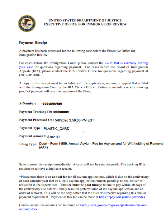 Annual Asylum Fee (AAF) Court Cover Template – EOIR Filing Packet